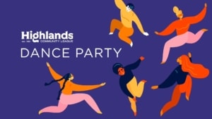 Highlands dance party. Illustration on purple background with stylized dancing figures.